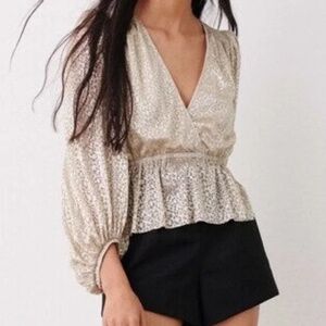 ba&sh Caitlin Gold Leopard Metallic Lurex Blouse Balloon Sleeve Size M/ US 6